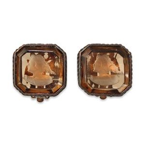 Extasia Smoky Brown Glass Intaglio Clip On Earrings Antique Bronze Unsigned